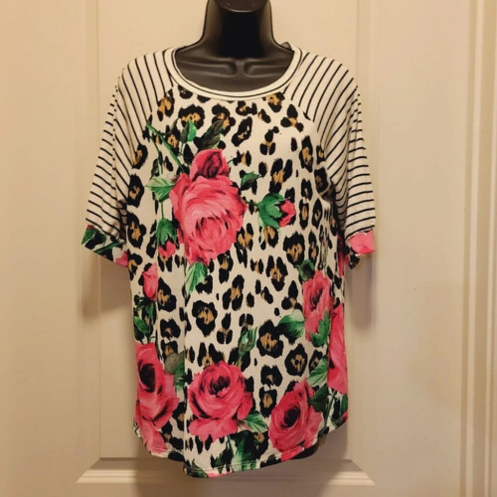 Pink Floral & Striped Cheetah Boutique Blouse